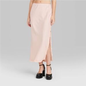 NWT size L Wild Fable Woman's Satin Lace Trim Midi Skirt ~ Pink